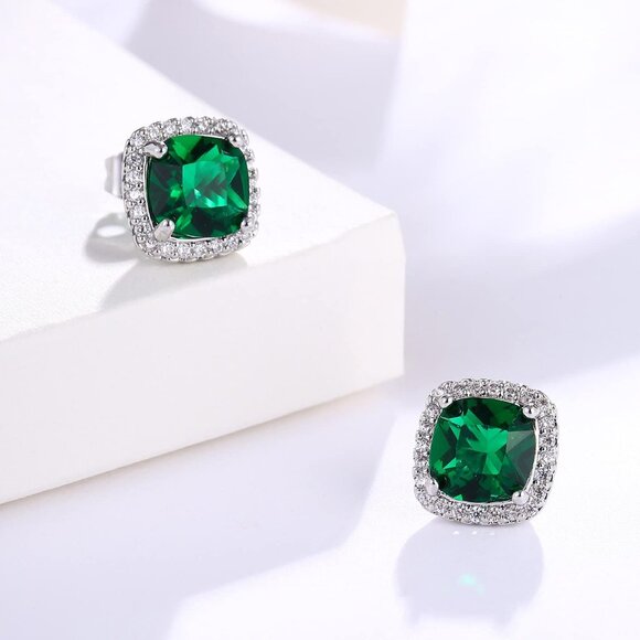 Women's Square Birthstone Cubic Zirconia Mall Dainty Green Elegant Earring - Picture 4 of 6